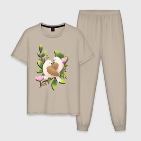 Мужская пижама хлопок с принтом Couple of birds в Тюмени, 100% хлопок | брюки и футболка прямого кроя, без карманов, на брюках мягкая резинка на поясе и по низу штанин
 | 8 марта | girl | woman | бабушка | весна | девушкам | девушке | девушки | женский | листья | мама | март | пионы | подарок | тренд | цветочки | цветы