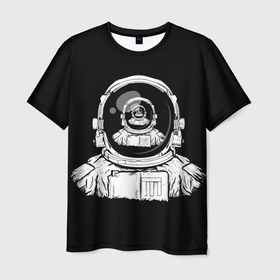 Мужская футболка 3D с принтом Скафандр с отражением его же в Новосибирске, 100% полиэфир | прямой крой, круглый вырез горловины, длина до линии бедер | cosmonaut | граффити | картинка в картинке | космонавт | космос | рисунок | скафандр | скафандр с отражением его же | черный фон