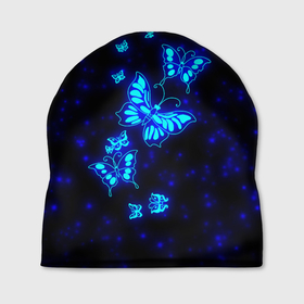 Шапка 3D с принтом Неоновые бабочки , 100% полиэстер | универсальный размер, печать по всей поверхности изделия | butterfly | dream | fantasy | neon | space | stars | wings | бабочки | бабочки космос | блестящие | весна | вселенная | галактика | голубые бабочки | девочкам | девушкам | звезды | космические | космос | крыя | лето