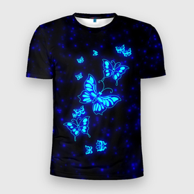 Мужская футболка 3D спортивная с принтом Неоновые бабочки , 100% полиэстер с улучшенными характеристиками | приталенный силуэт, круглая горловина, широкие плечи, сужается к линии бедра | butterfly | dream | fantasy | neon | space | stars | wings | бабочки | бабочки космос | блестящие | весна | вселенная | галактика | голубые бабочки | девочкам | девушкам | звезды | космические | космос | крыя | лето