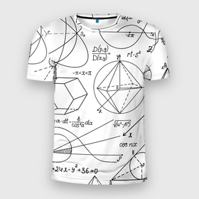 Мужская футболка 3D Slim с принтом Геометрия в Петрозаводске, 100% полиэстер с улучшенными характеристиками | приталенный силуэт, круглая горловина, широкие плечи, сужается к линии бедра | буквы | вычисления | геометрия | линии | минимализм | формулы | школа
