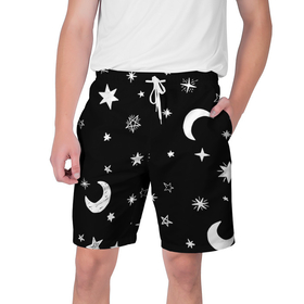 Мужские шорты 3D с принтом Звездное небо в Тюмени,  полиэстер 100% | прямой крой, два кармана без застежек по бокам. Мягкая трикотажная резинка на поясе, внутри которой широкие завязки. Длина чуть выше колен | звездное небо | звездочки | звезды | космос | минимализм | полумесяц