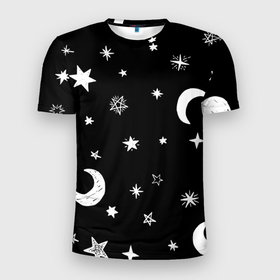 Мужская футболка 3D Slim с принтом Звездное небо в Петрозаводске, 100% полиэстер с улучшенными характеристиками | приталенный силуэт, круглая горловина, широкие плечи, сужается к линии бедра | звездное небо | звездочки | звезды | космос | минимализм | полумесяц