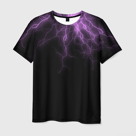 Мужская футболка 3D с принтом Фиолетовый Разряд Молнии в Рязани, 100% полиэфир | прямой крой, круглый вырез горловины, длина до линии бедер | гроза | минимализм | молнии | неон | природа | разряд молнии