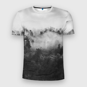 Мужская футболка 3D спортивная с принтом Лес в Белгороде, 100% полиэстер с улучшенными характеристиками | приталенный силуэт, круглая горловина, широкие плечи, сужается к линии бедра | Тематика изображения на принте: tegunvteg | деревья | лес | листья | природа | темный лес | туман | туман в лесу