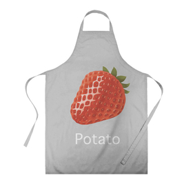 Фартук 3D с принтом Strawberry potatoes в Новосибирске, 100% полиэстер | общий размер — 65 х 85 см, ширина нагрудника — 26 см, горловина — 53 см, длина завязок — 54 см, общий обхват в поясе — 173 см. Принт на завязках и на горловине наносится с двух сторон, на основной части фартука — только с внешней стороны | grey | patato | strawberry | картошка | клубника | серый