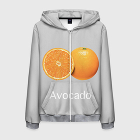 Мужская толстовка 3D на молнии с принтом Orange avocado в Новосибирске, 100% полиэстер | длина до линии бедра, манжеты и пояс оформлены мягкой тканевой резинкой, двухслойный капюшон со шнурком для регулировки, спереди молния, по бокам два кармана | avocado | grey | orange | авокадо | апельсин | серый