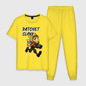 Мужская пижама хлопок с принтом Ratchet & Clank в Тюмени, 100% хлопок | брюки и футболка прямого кроя, без карманов, на брюках мягкая резинка на поясе и по низу штанин
 | game | ratchet  clank | галактические рейнджеры | игры | рэтчет и кланr