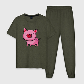Мужская пижама хлопок с принтом ПОРОСЁНОК в Тюмени, 100% хлопок | брюки и футболка прямого кроя, без карманов, на брюках мягкая резинка на поясе и по низу штанин
 | boar | cute | pig | piglet | pink | smile | кабан | милый | поросенок | пятачок | розовый | свинья | улыбка
