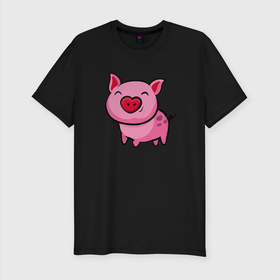 Мужская футболка хлопок Slim с принтом ПОРОСЁНОК в Санкт-Петербурге, 92% хлопок, 8% лайкра | приталенный силуэт, круглый вырез ворота, длина до линии бедра, короткий рукав | boar | cute | pig | piglet | pink | smile | кабан | милый | поросенок | пятачок | розовый | свинья | улыбка