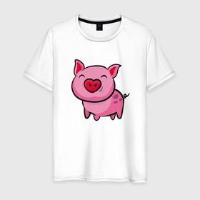 Мужская футболка хлопок с принтом ПОРОСЁНОК , 100% хлопок | прямой крой, круглый вырез горловины, длина до линии бедер, слегка спущенное плечо. | Тематика изображения на принте: boar | cute | pig | piglet | pink | smile | кабан | милый | поросенок | пятачок | розовый | свинья | улыбка