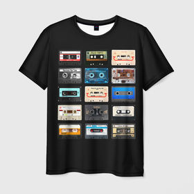 Мужская футболка 3D с принтом Музыкальные касеты в Петрозаводске, 100% полиэфир | прямой крой, круглый вырез горловины, длина до линии бедер | play | sad | sad songs | songs | игра | касета | классная | мелодия | муза | музыка | перемотка | плэй | прикольная | принт | смешная | черная