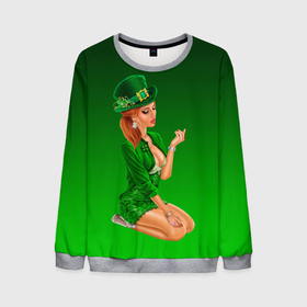 Мужской свитшот 3D с принтом девушка лепрекон в зеленом , 100% полиэстер с мягким внутренним слоем | круглый вырез горловины, мягкая резинка на манжетах и поясе, свободная посадка по фигуре | Тематика изображения на принте: 17 марта | девушка | день святого патрика | зеленый | зеленый костюм | ирландия | клевер | кружка | лепрекон | модель | монеты | рисунок | традиции | эль