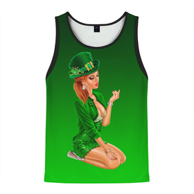 Мужская майка 3D с принтом девушка лепрекон в зеленом , 100% полиэстер | круглая горловина, приталенный силуэт, длина до линии бедра. Пройма и горловина окантованы тонкой бейкой | Тематика изображения на принте: 17 марта | девушка | день святого патрика | зеленый | зеленый костюм | ирландия | клевер | кружка | лепрекон | модель | монеты | рисунок | традиции | эль