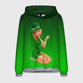 Мужская толстовка 3D с принтом девушка лепрекон в зеленом в Екатеринбурге, 100% полиэстер | двухслойный капюшон со шнурком для регулировки, мягкие манжеты на рукавах и по низу толстовки, спереди карман-кенгуру с мягким внутренним слоем. | Тематика изображения на принте: 17 марта | девушка | день святого патрика | зеленый | зеленый костюм | ирландия | клевер | кружка | лепрекон | модель | монеты | рисунок | традиции | эль