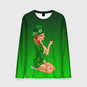 Мужской лонгслив 3D с принтом девушка лепрекон в зеленом в Екатеринбурге, 100% полиэстер | длинные рукава, круглый вырез горловины, полуприлегающий силуэт | Тематика изображения на принте: 17 марта | девушка | день святого патрика | зеленый | зеленый костюм | ирландия | клевер | кружка | лепрекон | модель | монеты | рисунок | традиции | эль