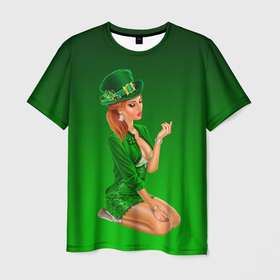 Мужская футболка 3D с принтом девушка лепрекон в зеленом , 100% полиэфир | прямой крой, круглый вырез горловины, длина до линии бедер | Тематика изображения на принте: 17 марта | девушка | день святого патрика | зеленый | зеленый костюм | ирландия | клевер | кружка | лепрекон | модель | монеты | рисунок | традиции | эль