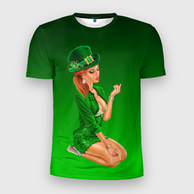 Мужская футболка 3D спортивная с принтом девушка лепрекон в зеленом в Кировске, 100% полиэстер с улучшенными характеристиками | приталенный силуэт, круглая горловина, широкие плечи, сужается к линии бедра | 17 марта | девушка | день святого патрика | зеленый | зеленый костюм | ирландия | клевер | кружка | лепрекон | модель | монеты | рисунок | традиции | эль