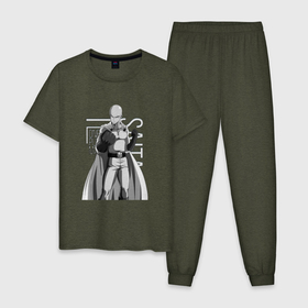 Мужская пижама хлопок с принтом Сайтама в Курске, 100% хлопок | брюки и футболка прямого кроя, без карманов, на брюках мягкая резинка на поясе и по низу штанин
 | Тематика изображения на принте: hero | one punch man | saitama | ванпанчмен | герой | сайтама