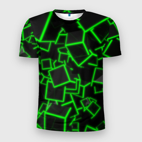 Мужская футболка 3D спортивная с принтом Cyber cube в Кировске, 100% полиэстер с улучшенными характеристиками | приталенный силуэт, круглая горловина, широкие плечи, сужается к линии бедра | 3д кубики | cyber cube | кибер куб | куб | неоновые кубики