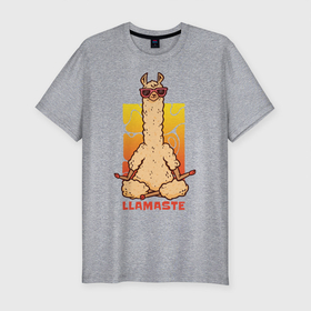 Мужская футболка хлопок Slim с принтом Llamaste в Белгороде, 92% хлопок, 8% лайкра | приталенный силуэт, круглый вырез ворота, длина до линии бедра, короткий рукав | art | lama | meditation | namaste | yoga | арт | йога | лама | медитация | намасте
