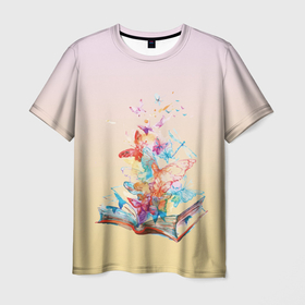 Мужская футболка 3D с принтом бабочки из книги в Тюмени, 100% полиэфир | прямой крой, круглый вырез горловины, длина до линии бедер | бабочки | волшебство | воображение | градиент | книга | рисунок | учение | фантастика | фэнтези