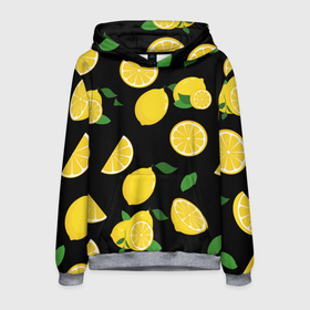 Мужская толстовка 3D с принтом Лимоны на чёрном , 100% полиэстер | двухслойный капюшон со шнурком для регулировки, мягкие манжеты на рукавах и по низу толстовки, спереди карман-кенгуру с мягким внутренним слоем. | citrus natural fruit | fresh | illustration | organic | pattern | texture | лето | лимон | свежесть | тропики | узор | фон | фрукты | цитрус | экзотика