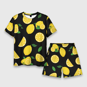 Мужской костюм с шортами 3D с принтом Лимоны на чёрном в Тюмени,  |  | citrus natural fruit | fresh | illustration | organic | pattern | texture | лето | лимон | свежесть | тропики | узор | фон | фрукты | цитрус | экзотика