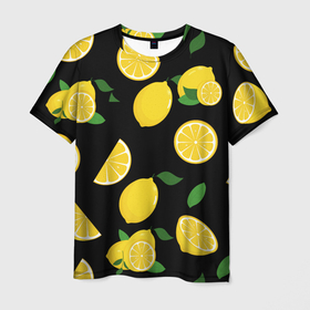 Мужская футболка 3D с принтом Лимоны на чёрном в Белгороде, 100% полиэфир | прямой крой, круглый вырез горловины, длина до линии бедер | citrus natural fruit | fresh | illustration | organic | pattern | texture | лето | лимон | свежесть | тропики | узор | фон | фрукты | цитрус | экзотика