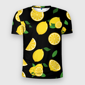 Мужская футболка 3D спортивная с принтом Лимоны на чёрном , 100% полиэстер с улучшенными характеристиками | приталенный силуэт, круглая горловина, широкие плечи, сужается к линии бедра | Тематика изображения на принте: citrus natural fruit | fresh | illustration | organic | pattern | texture | лето | лимон | свежесть | тропики | узор | фон | фрукты | цитрус | экзотика