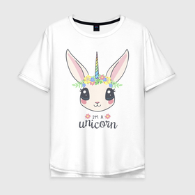 Мужская футболка хлопок Oversize с принтом Кролик единорог , 100% хлопок | свободный крой, круглый ворот, “спинка” длиннее передней части | bunny | cute | unicorn | единорог | кролик | милый | розовый | цветы