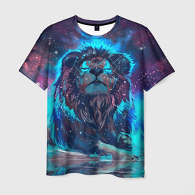 Мужская футболка 3D с принтом Galaxy Lion в Екатеринбурге, 100% полиэфир | прямой крой, круглый вырез горловины, длина до линии бедер | light | lion | night | space | вода | космос | лев | ночь | свет