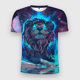 Мужская футболка 3D Slim с принтом Galaxy Lion в Новосибирске, 100% полиэстер с улучшенными характеристиками | приталенный силуэт, круглая горловина, широкие плечи, сужается к линии бедра | light | lion | night | space | вода | космос | лев | ночь | свет