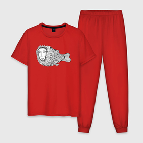Мужская пижама хлопок с принтом Пернатая рыба в Тюмени, 100% хлопок | брюки и футболка прямого кроя, без карманов, на брюках мягкая резинка на поясе и по низу штанин
 | графика | девушка | пернатая рыба | рыба | черно белая