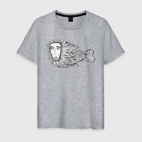 Мужская футболка хлопок с принтом Пернатая рыба , 100% хлопок | прямой крой, круглый вырез горловины, длина до линии бедер, слегка спущенное плечо. | графика | девушка | пернатая рыба | рыба | черно белая