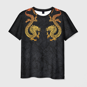 Мужская футболка 3D с принтом GOLD CHINA DRAGONS в Санкт-Петербурге, 100% полиэфир | прямой крой, круглый вырез горловины, длина до линии бедер | Тематика изображения на принте: chine dragon | gold dragon | yellow dragon | без крыльев | желтый дракон | золотые драконы | китайский дракон