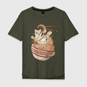 Мужская футболка хлопок Oversize с принтом КОТ ЛЮБИТ РАМЭН , 100% хлопок | свободный крой, круглый ворот, “спинка” длиннее передней части | векторный арт | кот | котенок | котик | лапша | миска | палочки | подливка | рамен | рамэн | суп | чашка | японский арт