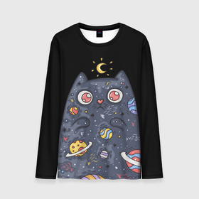 Мужской лонгслив 3D с принтом КОСМИЧЕСКИЙ КОТ , 100% полиэстер | длинные рукава, круглый вырез горловины, полуприлегающий силуэт | артемис | астероиды | вселенная | галактика | диана | звезды | кометы | космос | кот | котенок | котик | луна | месяц | ночь | планеты | сейлор мун | туманность | черная кошка