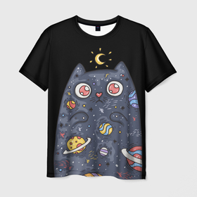 Мужская футболка 3D с принтом КОСМИЧЕСКИЙ КОТ в Белгороде, 100% полиэфир | прямой крой, круглый вырез горловины, длина до линии бедер | артемис | астероиды | вселенная | галактика | диана | звезды | кометы | космос | кот | котенок | котик | луна | месяц | ночь | планеты | сейлор мун | туманность | черная кошка