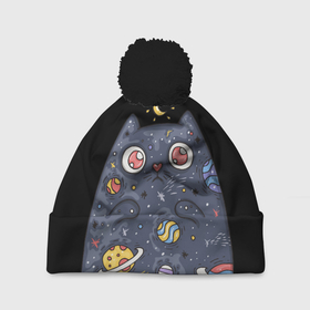 Шапка 3D c помпоном с принтом КОСМИЧЕСКИЙ КОТ в Новосибирске, 100% полиэстер | универсальный размер, печать по всей поверхности изделия | артемис | астероиды | вселенная | галактика | диана | звезды | кометы | космос | кот | котенок | котик | луна | месяц | ночь | планеты | сейлор мун | туманность | черная кошка