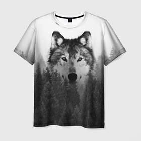 Мужская футболка 3D с принтом Волк , 100% полиэфир | прямой крой, круглый вырез горловины, длина до линии бедер | tegunvteg | волк | деревья | красивый лес | лес | листья | природа | собака | темный лес