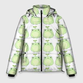 Мужская зимняя куртка 3D с принтом лягушки-росточки в Санкт-Петербурге, верх — 100% полиэстер; подкладка — 100% полиэстер; утеплитель — 100% полиэстер | длина ниже бедра, свободный силуэт Оверсайз. Есть воротник-стойка, отстегивающийся капюшон и ветрозащитная планка. 

Боковые карманы с листочкой на кнопках и внутренний карман на молнии. | Тематика изображения на принте: животные | клубника | лягушка | милота | природа | росток