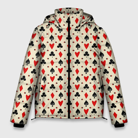 Мужская зимняя куртка 3D с принтом Масти в Белгороде, верх — 100% полиэстер; подкладка — 100% полиэстер; утеплитель — 100% полиэстер | длина ниже бедра, свободный силуэт Оверсайз. Есть воротник-стойка, отстегивающийся капюшон и ветрозащитная планка. 

Боковые карманы с листочкой на кнопках и внутренний карман на молнии. | Тематика изображения на принте: буби | графика | деньги | доллары | игра | искусство | картинка | карты | катала | коллаж | красивый | крести | крутой | кубики | купюры | масти | модный | орнамент | пики | покер | прикуп | рисунок