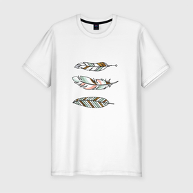 Мужская футболка хлопок Slim с принтом Цветные перья в Екатеринбурге, 92% хлопок, 8% лайкра | приталенный силуэт, круглый вырез ворота, длина до линии бедра, короткий рукав | бохо | перышки | перья | цветные перья