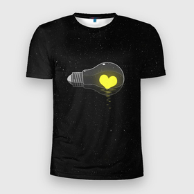 Мужская футболка 3D Slim с принтом Сердце в лампе в Тюмени, 100% полиэстер с улучшенными характеристиками | приталенный силуэт, круглая горловина, широкие плечи, сужается к линии бедра | Тематика изображения на принте: dark | звезды | космос | лампочка | сердце
