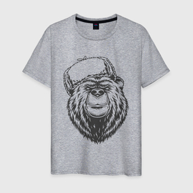 Мужская футболка хлопок с принтом Русский медведь в зимней шапке , 100% хлопок | прямой крой, круглый вырез горловины, длина до линии бедер, слегка спущенное плечо. | grizzly bear | russia | russian bear | ussr | гризли | патриот | россия | русский медведь | ссср