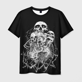 Мужская футболка 3D с принтом ЧЕРЕПА в Кировске, 100% полиэфир | прямой крой, круглый вырез горловины, длина до линии бедер | black | death | horror | metal | skull | white | арт | белый | зомби | кости | паутина | скелет | череп | черный
