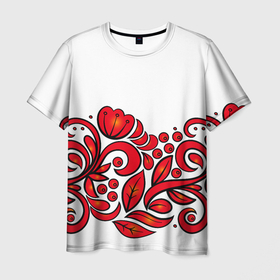 Мужская футболка 3D с принтом ХОХЛОМА в Петрозаводске, 100% полиэфир | прямой крой, круглый вырез горловины, длина до линии бедер | ветки | земляника | земляники | красные | одежда | ромашки | русь | рябина | рябины | сочные | традиционная | узоры | хохлома | цветы | ягоды