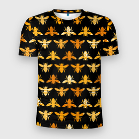 Мужская футболка 3D Slim с принтом Пчелиный Паттерн в Новосибирске, 100% полиэстер с улучшенными характеристиками | приталенный силуэт, круглая горловина, широкие плечи, сужается к линии бедра | bee | животные | крылья | медовый | насекомые | паттерн | полосатый | соты | текстура | узор