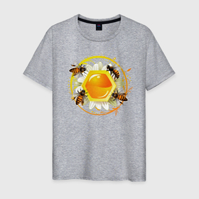 Мужская футболка хлопок с принтом Пчелы с Медом в Новосибирске, 100% хлопок | прямой крой, круглый вырез горловины, длина до линии бедер, слегка спущенное плечо. | bee | букет | животные | крылья | медовый | мульт | насекомые | паттерн | полосатый | соты | текстура | узор | цветы